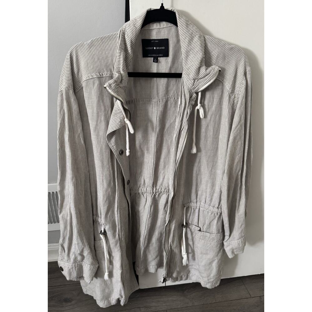 Lucky Brand Women’s Large Blue Striped Utility Jacket 100% Linen Preppy Gorpcore - Picture 4 of 10